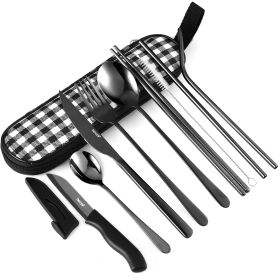 Hecef 10 Pcs Portable Cutlery Set with Mesh Bag, Stainless Steel Reusable Travel Camping Utensils Flatware Set