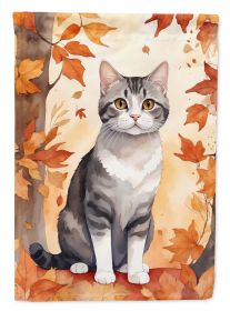 American Wirehair Cat in Fall Leaves House Flag Large Porch Sleeve Pole Decorative Outside Yard Banner Artwork Wall Hanging, Polyester, House Size