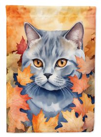 British Shorthair Cat in Fall Leaves House Flag Large Porch Sleeve Pole Decorative Outside Yard Banner Artwork Wall Hanging, Polyester, House Size