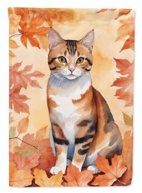 Korean Bobtail Cat in Fall Leaves House Flag Large Porch Sleeve Pole Decorative Outside Yard Banner Artwork Wall Hanging, Polyester, House Size