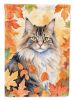 Norwegian Forest Cat in Fall Leaves House Flag Large Porch Sleeve Pole Decorative Outside Yard Banner Artwork Wall Hanging, Polyester, House Size