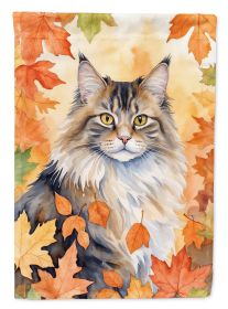 Norwegian Forest Cat in Fall Leaves House Flag Large Porch Sleeve Pole Decorative Outside Yard Banner Artwork Wall Hanging, Polyester, House Size