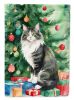 Norwegian Forest Cat By the Christmas Tree Garden Flag Mailbox Flag Decorative Yard Flag Banner Outside Patio Artwork Yard Flower Beds, Garden Size