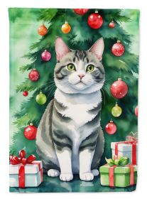 Korean Bobtail Cat By the Christmas Tree House Flag Large Porch Sleeve Pole Decorative Outside Yard Banner Artwork Wall Hanging, Polyester, House Size