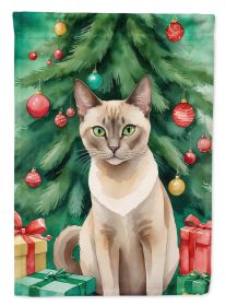 Tonkinese Cat By the Christmas Tree House Flag Large Porch Sleeve Pole Decorative Outside Yard Banner Artwork Wall Hanging, Polyester, House Size