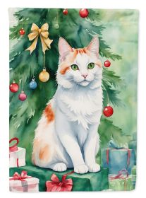 Turkish Van Cat By the Christmas Tree House Flag Large Porch Sleeve Pole Decorative Outside Yard Banner Artwork Wall Hanging, Polyester, House Size