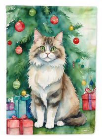 Ragamuffin Cat By the Christmas Tree House Flag Large Porch Sleeve Pole Decorative Outside Yard Banner Artwork Wall Hanging, Polyester, House Size