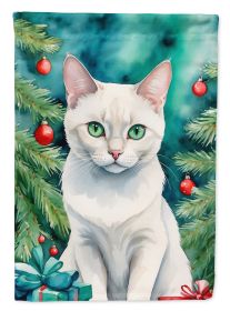 Foreign White Cat By the Christmas Tree House Flag Large Porch Sleeve Pole Decorative Outside Yard Banner Artwork Wall Hanging, Polyester, House Size