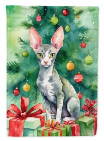 Cornish Rex Cat By the Christmas Tree House Flag Large Porch Sleeve Pole Decorative Outside Yard Banner Artwork Wall Hanging, Polyester, House Size