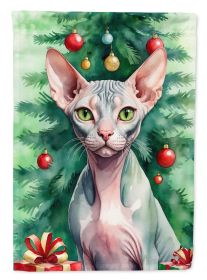 Sphynx Cat By the Christmas Tree House Flag Large Porch Sleeve Pole Decorative Outside Yard Banner Artwork Wall Hanging, Polyester, House Size