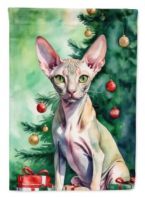 Peterbald Cat By the Christmas Tree House Flag Large Porch Sleeve Pole Decorative Outside Yard Banner Artwork Wall Hanging, Polyester, House Size