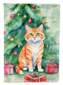 Cheetoh Cat By the Christmas Tree House Flag Large Porch Sleeve Pole Decorative Outside Yard Banner Artwork Wall Hanging, Polyester, House Size