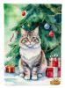 Kurilian Bobtail Cat By the Christmas Tree House Flag Large Porch Sleeve Pole Decorative Outside Yard Banner Artwork Wall Hanging, Polyester