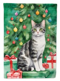 American Wirehair Cat By the Christmas Tree House Flag Large Porch Sleeve Pole Decorative Outside Yard Banner Artwork Wall Hanging, Polyester