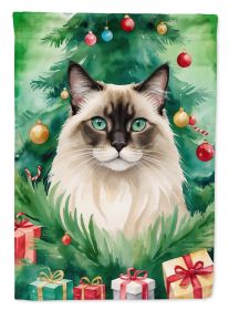 Balinese Cat By the Christmas Tree House Flag Large Porch Sleeve Pole Decorative Outside Yard Banner Artwork Wall Hanging, Polyester, House Size