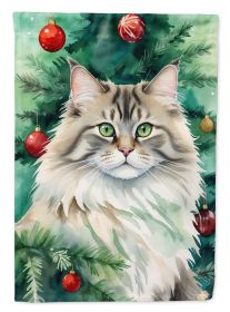 Siberian Cat By the Christmas Tree House Flag Large Porch Sleeve Pole Decorative Outside Yard Banner Artwork Wall Hanging, Polyester, House Size