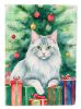 Turkish Angora Cat By the Christmas Tree House Flag Large Porch Sleeve Pole Decorative Outside Yard Banner Artwork Wall Hanging, Polyester, House Size