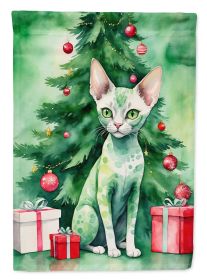 Devon Rex Cat By the Christmas Tree House Flag Large Porch Sleeve Pole Decorative Outside Yard Banner Artwork Wall Hanging, Polyester, House Size