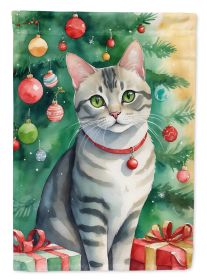 Asian Cat By the Christmas Tree House Flag Large Porch Sleeve Pole Decorative Outside Yard Banner Artwork Wall Hanging, Polyester, House Size