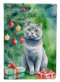 British Shorthair Cat By the Christmas Tree Garden Flag Mailbox Flag Decorative Yard Flag Banner Outside Patio Artwork Yard Flower Beds, Garden Size