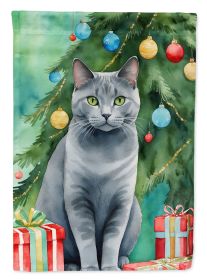 Chartreux Cat By the Christmas Tree House Flag Large Porch Sleeve Pole Decorative Outside Yard Banner Artwork Wall Hanging, Polyester, House Size