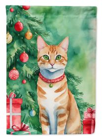 Arabian Mau Cat By the Christmas Tree House Flag Large Porch Sleeve Pole Decorative Outside Yard Banner Artwork Wall Hanging, Polyester, House Size