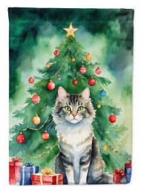 La Perm Cat By the Christmas Tree House Flag Large Porch Sleeve Pole Decorative Outside Yard Banner Artwork Wall Hanging, Polyester, House Size