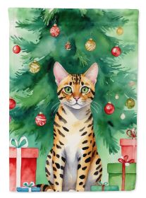 Bengal Cat By the Christmas Tree House Flag Large Porch Sleeve Pole Decorative Outside Yard Banner Artwork Wall Hanging, Polyester, House Size