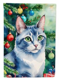 Ojos Azules Cat By the Christmas Tree House Flag Large Porch Sleeve Pole Decorative Outside Yard Banner Artwork Wall Hanging, Polyester, House Size