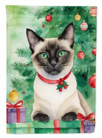 Siamese Cat By the Christmas Tree House Flag Large Porch Sleeve Pole Decorative Outside Yard Banner Artwork Wall Hanging, Polyester, House Size